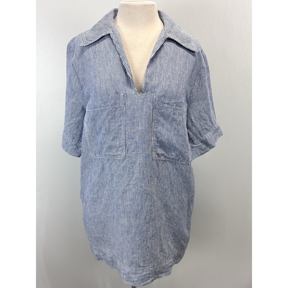 The Pants Store 100% Linen Striped Tunic Top Sz Small Women's Pockets Blue White